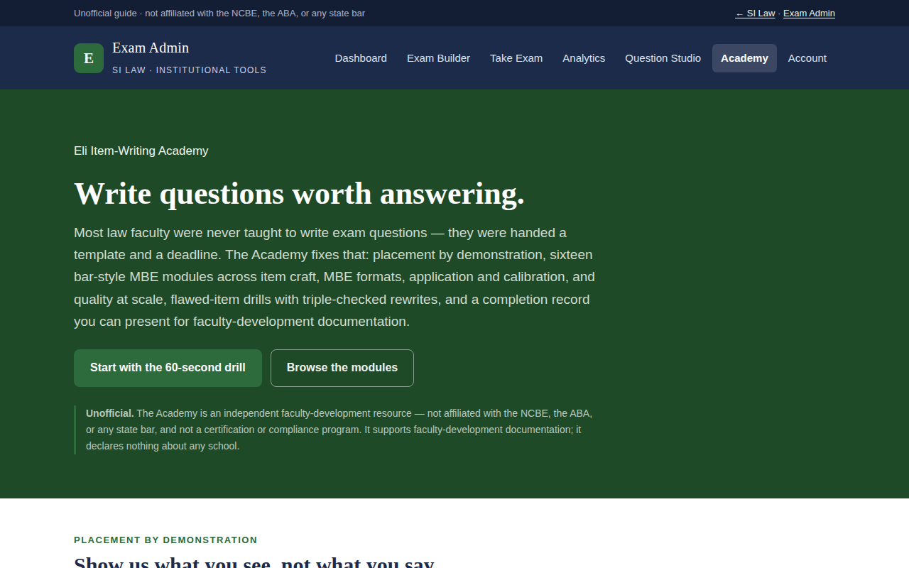 Screenshot of the Item-Writing Academy in the exam app