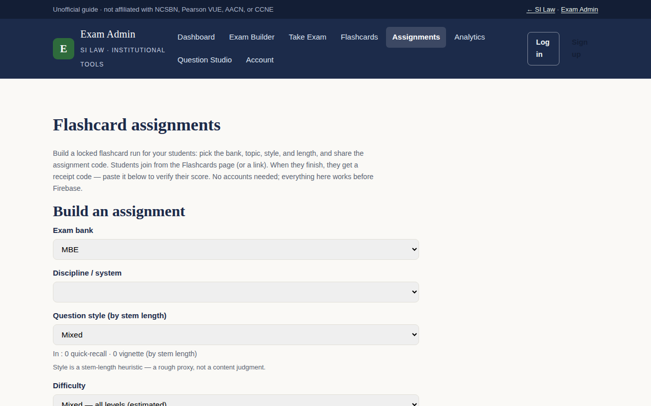 Screenshot of the assignment builder in the exam app