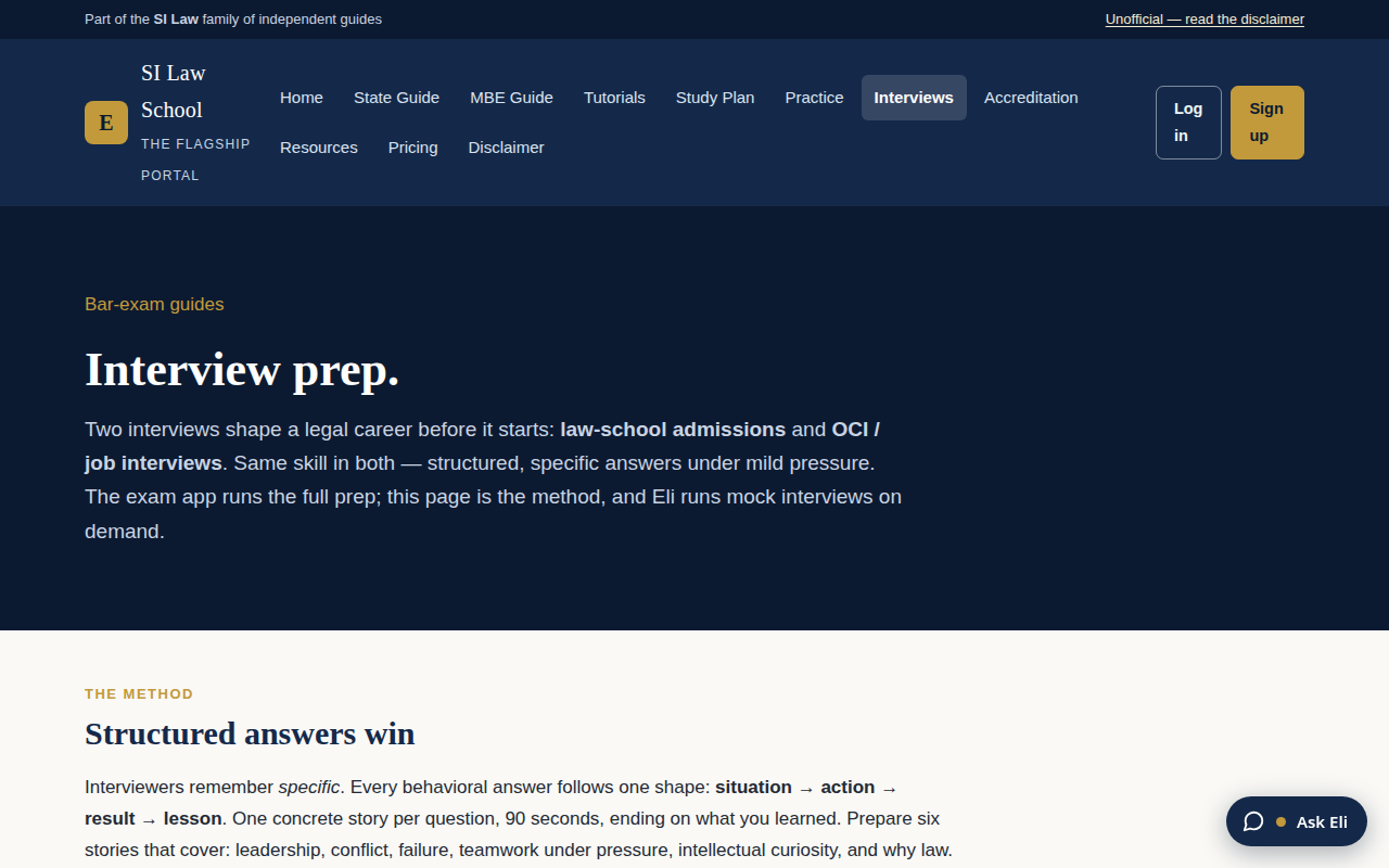 Screenshot of the law-school interview prep page