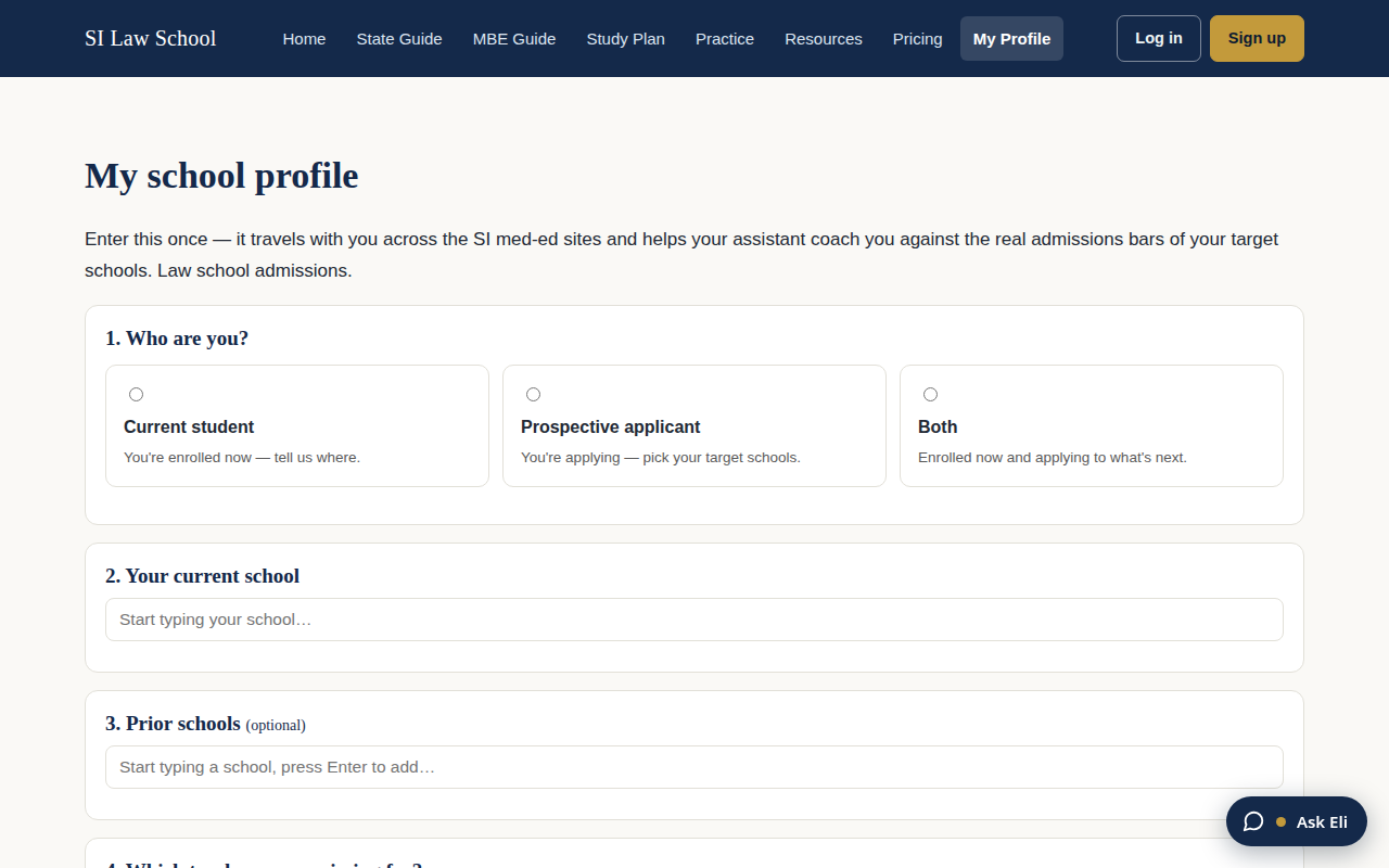 Screenshot of the My Profile page for tracking schools