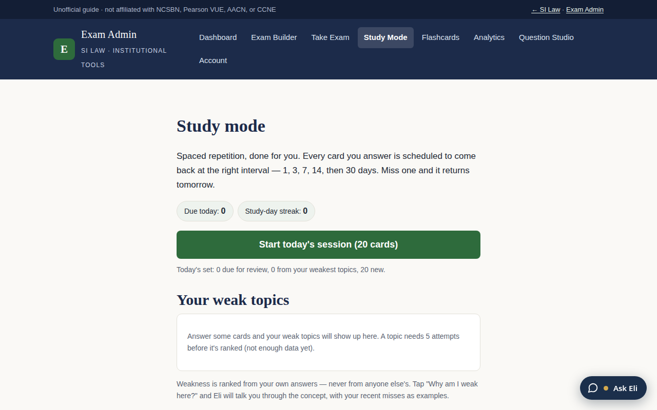 Screenshot of the SI Bar Exam app's study mode screen