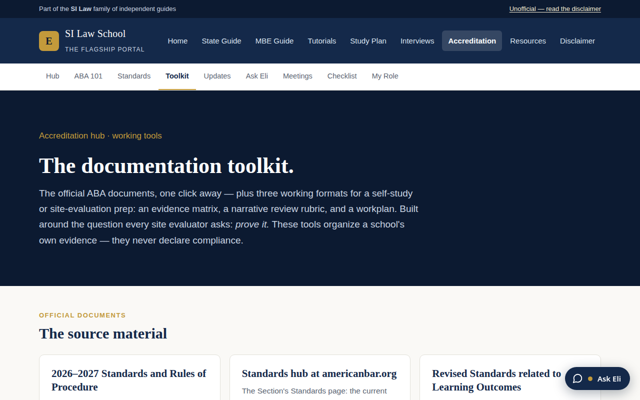 Screenshot of the accreditation documentation toolkit